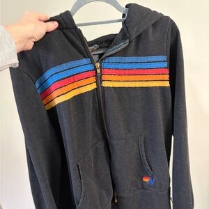 Aviator Nation Black zipper hoodie with Colorful Stripes - Unisex size Large